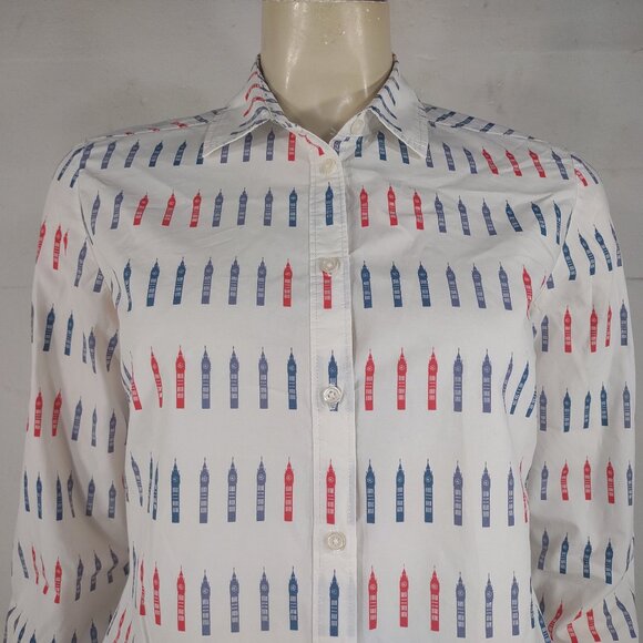 Boden white red blue Big Ben Clock Tower button front shirt ladies size 4 - Picture 2 of 10
